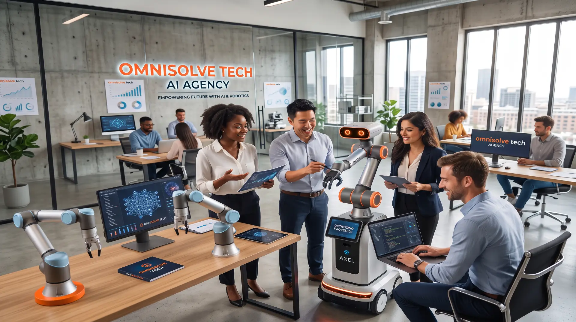OmniSolve Tech team collaborating with AI and robotics systems in a modern office